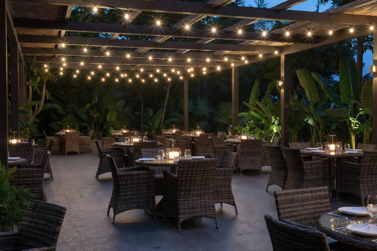 Resort outdoor restaurant with rattan dining sets