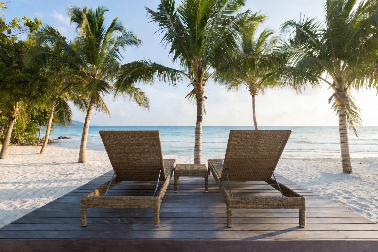 Beachfront rattan sun loungers